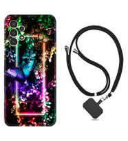 Samsung Galaxy M14 Kılıf Silikon Boyun Askılı İpli Desenli Silikon Butterfly Neon 1684