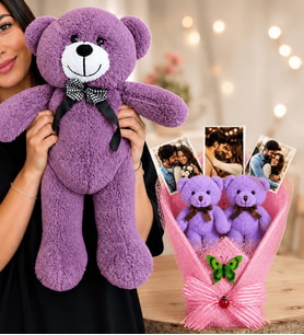 Kişiye Özel 3 Fotoğraflı Mor Ayıcık Buketi ve Büyük Boy Mor Peluş Ayıcık