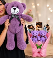 Kişiye Özel 3 Fotoğraflı Mor Ayıcık Buketi ve Büyük Boy Mor Peluş Ayıcık