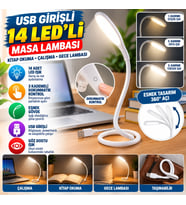 Mey İthalat® USB Girişli 14 Ledli 3 Kademeli Dokunmatik Masa/Kitap Okuma Lambası Ledi Beyaz