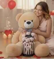 Sevgililer Günü Hediyesi 90 Cm Peluş Ayı + Aynalı Mesajlı Silindir Ayıcık Buketi Romantik Sevgiliye Kıza Özel Set (Bej)
