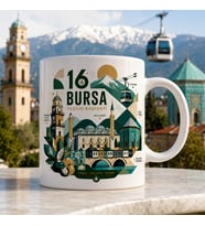 Bursa Temalı Hediyelik Kupa Bardak - 16 Plaka Yeşilin Başkenti Modern İllüstrasyon Baskılı Özel Tasarım Kupa
