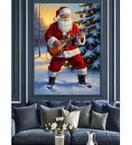 Gitar Çalan Neşeli Noel Baba Dekoratif Kanvas - Mdf Ahşap Tablo