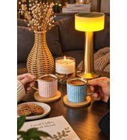 Doğum Günü Özel Gün Rattan Vazo, Soya Mum, Masa Lambası ve 2'li Porselen Fincan Seti