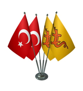 Masa Üstü Büyük Hun İmparatorluğu Bayrağı Türk Bayrağı Dörtlü Krom Direk Masa Bayrak Seti