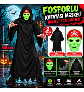 Fosforlu Kafatası Maskeli Siyah Hayalet Kostümü – 140 cm