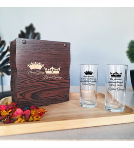 Taç Desenli 2'li Rakı Bardağı Seti Ahşap Kutulu