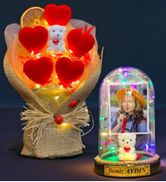 Kişiye Özel Renkli Led Işıklı Fanus ve Led Işıklı Kalp Buketi Hediye Seti (Model 10)