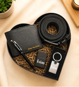 Kişiye Özel Premium Kalp Kutu Cüzdan Kemer Metal Lüx Anahtarlık Metal Çakmak Touch Pen Metal Kalem Aksesuar Hediye Set