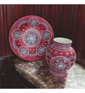Tamamı El Yapımı Kabartmalı 30cm Vazo ve 40cm Tabak İkili Set (Ateş Kırmızısı)
