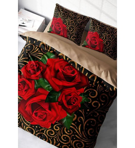 Lastikli Çarşaflı %100 Pamuk Saten Çift Kişilik Nevresim Takımı Gold & Roses