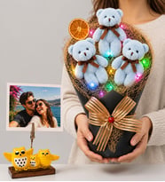 Kişiye Özel Fotoğraflı Mavi Ayıcıklı Renkli Led Işıklı Büyük Boy Peluş Ayıcık Buketi