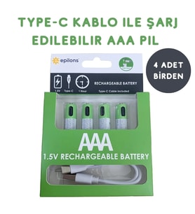 Usb Type-c İle Şarjolabilen 4 Adet Aaa 1.5v Lityum Şarjlı Kalem Pil 750 Mah Uzun Ömürlü