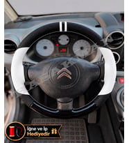 Citroen C3 A51 Dikme Direksiyon Kılıfı Delikli Deri Parlak Siyah Beyaz Detay Çift Yüzük ve Dikiş 2009-2016