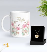 BK Gift Kişiye Özel İsimli Çiçek Tasarımlı Beyaz Kupa ve Papatya Kolye Hediye Seti - 11, Sevgiliye Hediye, Anneye Hediye, Arkadaşa Hediye