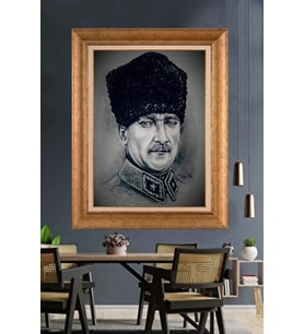 Altın Varaklı Çerçeveli Paspartulu Atatürk Tablo nh216 (Gold)