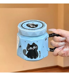 3D Kedi Figürlü Kapaklı Kupa Bardak (Mavi)
