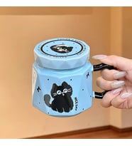 3D Kedi Figürlü Kapaklı Kupa Bardak (Mavi)