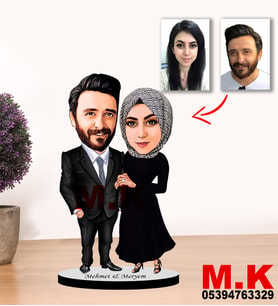 Kisiye Özel Karikatür Tesettürlü Çift, Sevgili Biblo