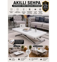 Akıllı Sehpa Üst Tabla MDF Beyaz Oval Köşe Alt Ayak Krom Kaplama