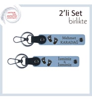 Yeni Doğan Bebek İsmiyle Özelleştirilen Anahtarlık Seti, Kalpli Ayak Temalı Tasarım, Gök Mavi - Mavi (Çok Renkli)