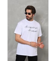 pilelistore- Unisex Bisiklet Yaka Baskılı Oversize T-Shirt - Beyaz
