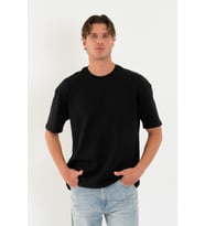 Blank Unisex Oversize Geniş Kesim Tişört %100 Pamuk Kalın Dokulu Bisiklet Yaka T-shirt (Siyah)