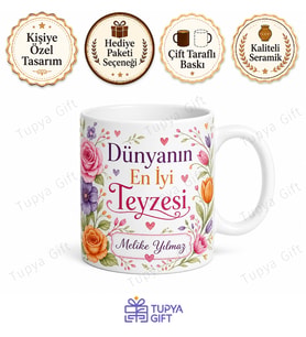 Teyzeme Hediye İsme Özel Baskılı Kupa Bardak Teyze Hediyesi Porselen Mug