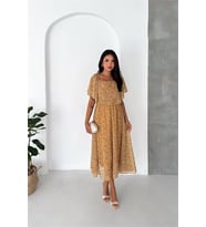 Neşeli butik kadın bej madonna yaka şifon desenli midi boy elbise NBK091