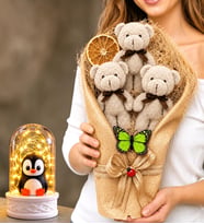 Gri Peluş Ayıcıklı Buket ve Led Işıklı Penguenli Fanus Hediye Seti