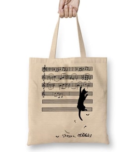 Yaramaz Komik Müzik Notalı Kedi Cat Bez Çanta Uzun Saplı