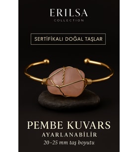 Sertifikalı Doğal Pembe Kuvars Taşı Ayarlanabilir 24K Altın Kaplama Bileklik – 20-25 mm (Çok Renkli)