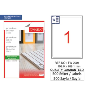 Tanex Lazer Etiket tw-2001 500 A4 Sayfa Laser Etiket 199,6X289,1 mm Boyutunda 1 A4 Sayfada 1 Etiket