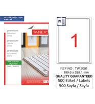 Tanex Lazer Etiket tw-2001 500 A4 Sayfa Laser Etiket 199,6X289,1 mm Boyutunda 1 A4 Sayfada 1 Etiket
