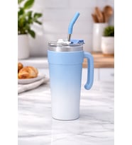 Paslanmaz Çelik Pipetli Termos Bardak Kulplu Taşınabilir Soğuk Sıcak İçecek Kupası (Kristal Mavi)