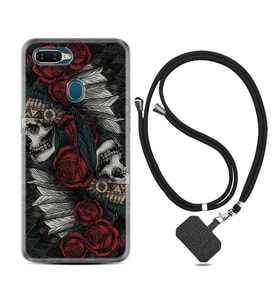 Oppo A5S A15 A16 A54 A55 A73 A74 Kılıf Boyun Askılı Silikon Skull Rose 1673