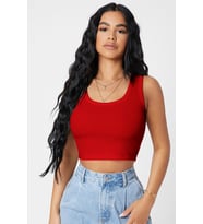 Kadın Kırmızı Kare Yaka Crop Top Bluz