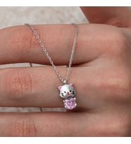 Gümüş Pembe Taşlı Sevimli Kedi Kadın Kolye