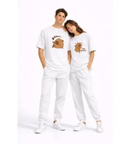 Sevgili Kombini Sevimli Ayı Baskılı Çift Tişört Oversize Unisex Partner Tişört 2'li Set (Beyaz)