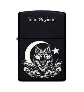 Kurt ve Ay Yıldız Desenli Kişiye Özel İsimli Benzinli Siyah Metal Çakmak