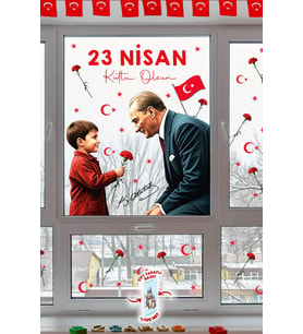 23 Nisan Temalı Bayraklı Çift Taraflı Baskılı Sticker Seti, Atatürk ve Çocuk Cam Sticker
