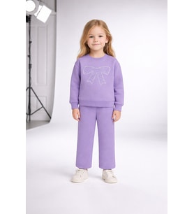 Kız Çocuk Taşlı Fiyonk Takım Lila – Sweat & Pantolon 3-8 Yaş