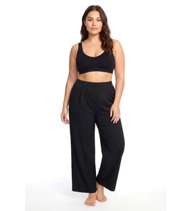 Kadın Siyah İnce Çizgili Büyük Beden Cepli Pijama Altı