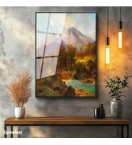 Siyah Renk Metal Çerçeveli Tamperli Cam Tablo Andreas Achenbach Dağlık Manzara Köprülü Dere Ressam Tablosu Dekoru