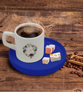 BK Gift Kişiye Özel Mavi Sunum Tabaklı Çiçek Tasarımlı Türk Kahvesi Fincanı Model 14