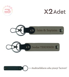 Teyzeye Manevi Hediye, İsim & Soyisim Yazılı 2’li Anahtarlık Seti, Kül Gri-Lacivert