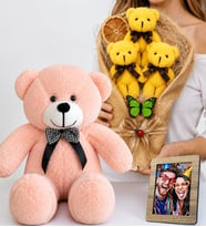 Kişiye Özel Fotoğraflı Sarı Büyük Boy Peluş Ayıcık Buketi ve 50 cm Pembe Peluş Ayıcık Hediye Seti
