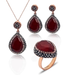 Yakut ve Swarovski Taşlı 925 Ayar Gümüş Kadın Üçlü Set 201025576