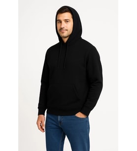Erkek 3 İplik Pamuklu Kapüşonlu Kanguru Cepli SweatShirt hoodie - Siyah