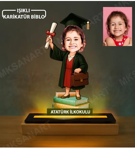 Kişiye Özel İlkokul Mezun Kız Öğrenci Karikatürlü 14 cm MDF Işıklı Biblo - Mezuniyet Hediyesi Yeni Mezuna Hediye
